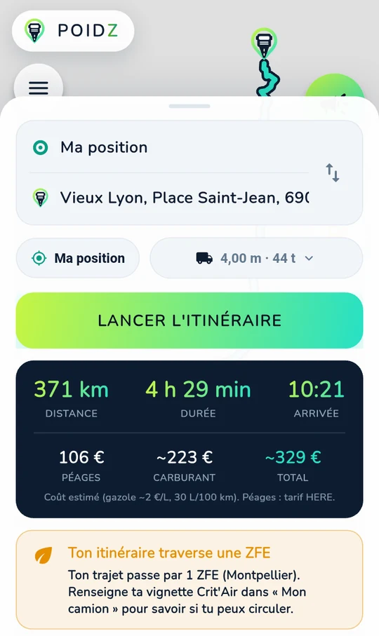 &Eacute;cran de POIDZ : itin&eacute;raire calcul&eacute; pour un 44 tonnes de 4 m de haut,
      371 km en 4 h 29, co&ucirc;t estim&eacute; &agrave; 329 &euro; p&eacute;ages et carburant compris,
      et une alerte signalant la travers&eacute;e de la zone &agrave; faibles &eacute;missions
      de Montpellier.