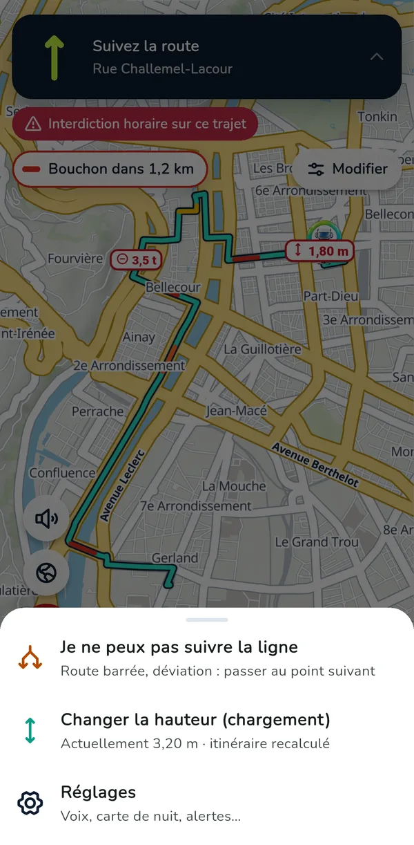 Fenêtre Modifier pendant le guidage : Je ne peux pas suivre la ligne, pour passer au point suivant.