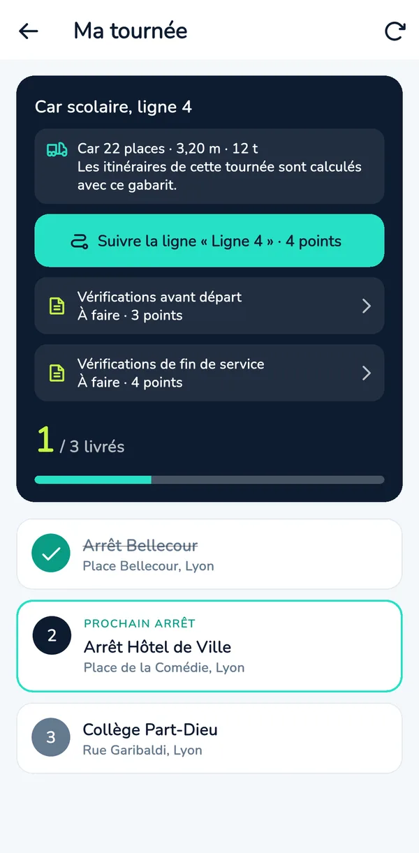 Écran Ma tournée dans l'application : camion fixé, bouton Suivre la ligne, vérifications à faire et arrêts.