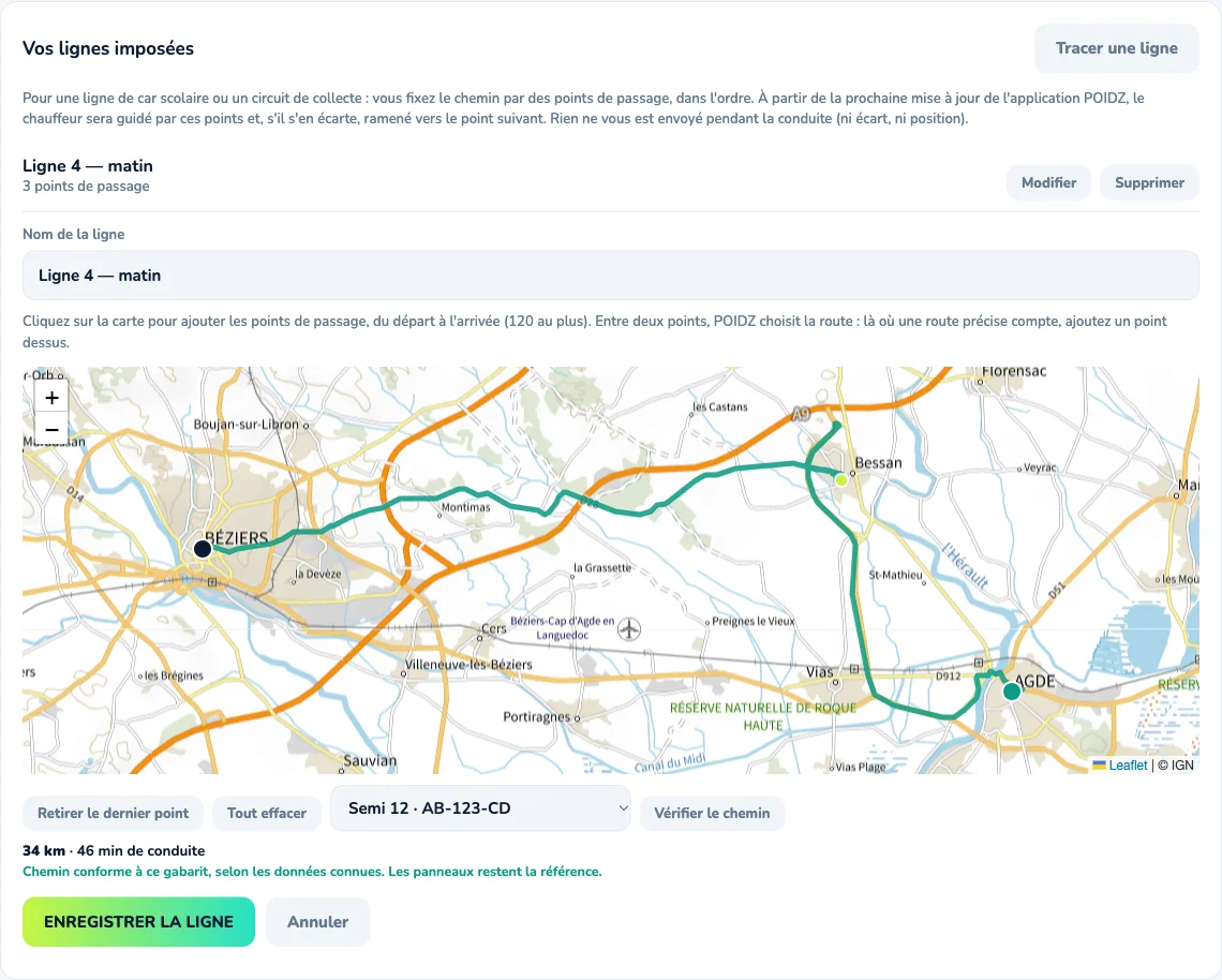 Tracé d'une ligne sur une carte : trois points de passage d'Agde à Béziers et le chemin calculé pour le gabarit du véhicule.