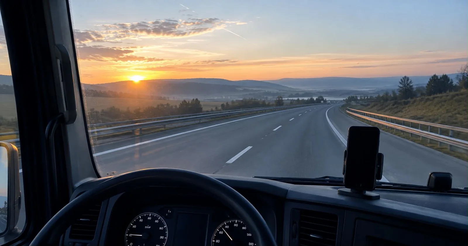 Vue depuis la cabine d'un camion au lever du jour, autoroute dégagée et
      téléphone fixé au tableau de bord.