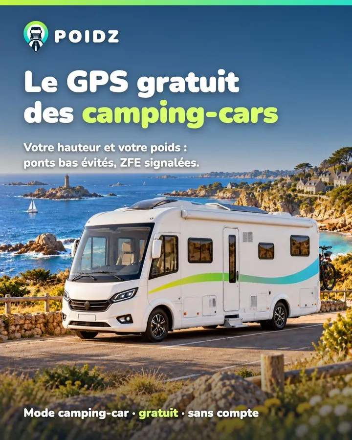 Visuel POIDZ : un camping-car blanc stationné en bord de mer, avec le titre « Le GPS gratuit des camping-cars » et la mention « Votre hauteur et votre poids : ponts bas évités, ZFE signalées ».