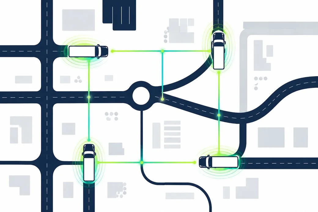 Vue de dessus d'un réseau de routes où quatre camions sont reliés par de
      fines lignes lumineuses, illustrant le partage d'information entre conducteurs.